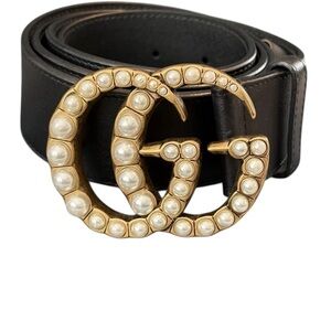 Gucci Black Belt with Gold Pearl Buckle